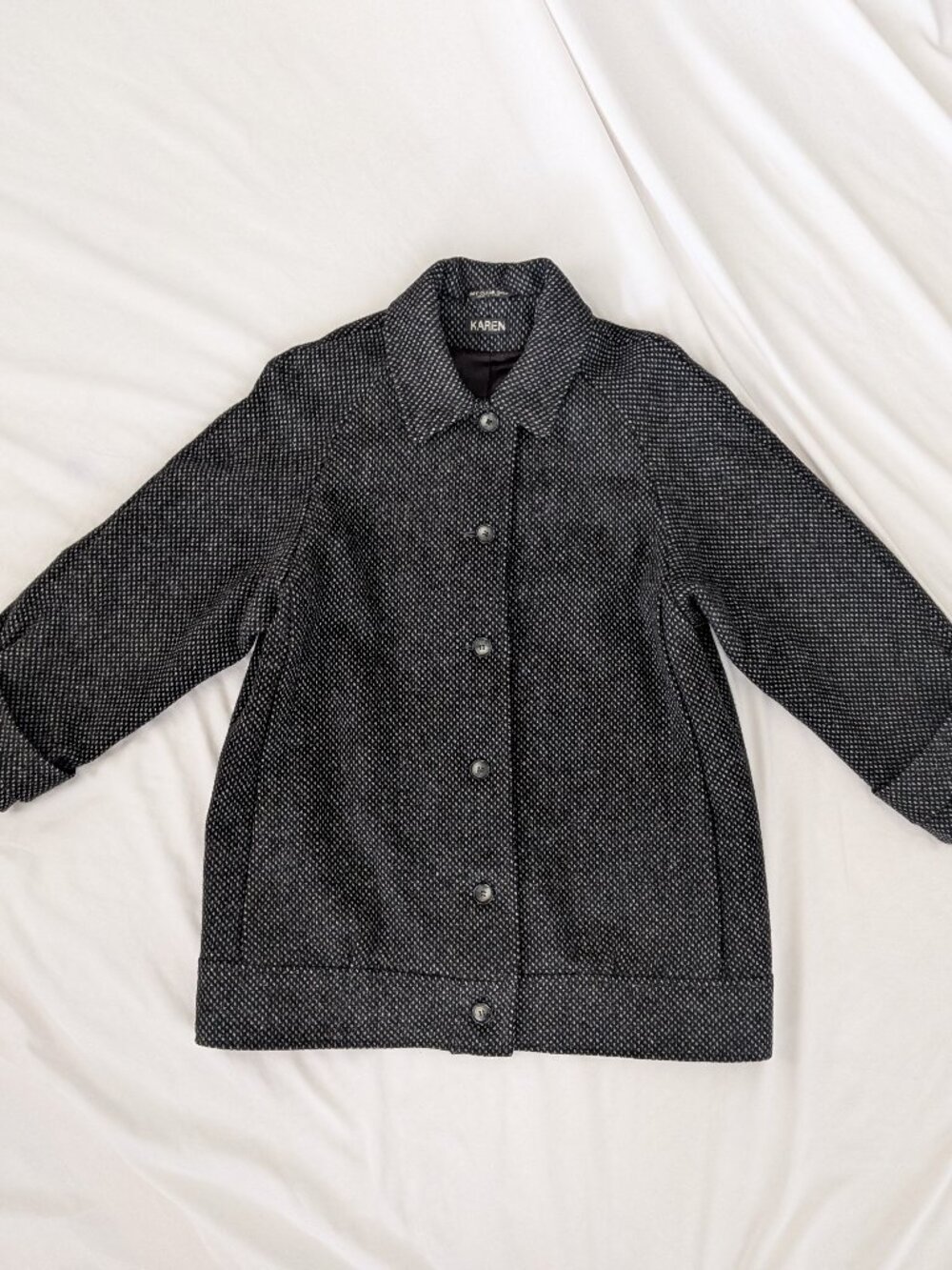 Vintage 80's KAREN Button Black Gray Wool Coat Jacket w/ Purple Satin Lining